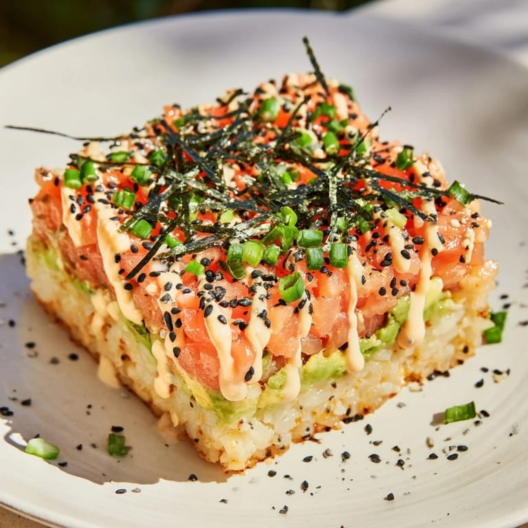 A visually stunning Crispy Rice Salmon Stack: golden fried rice topped with savory salmon and creamy avocado.