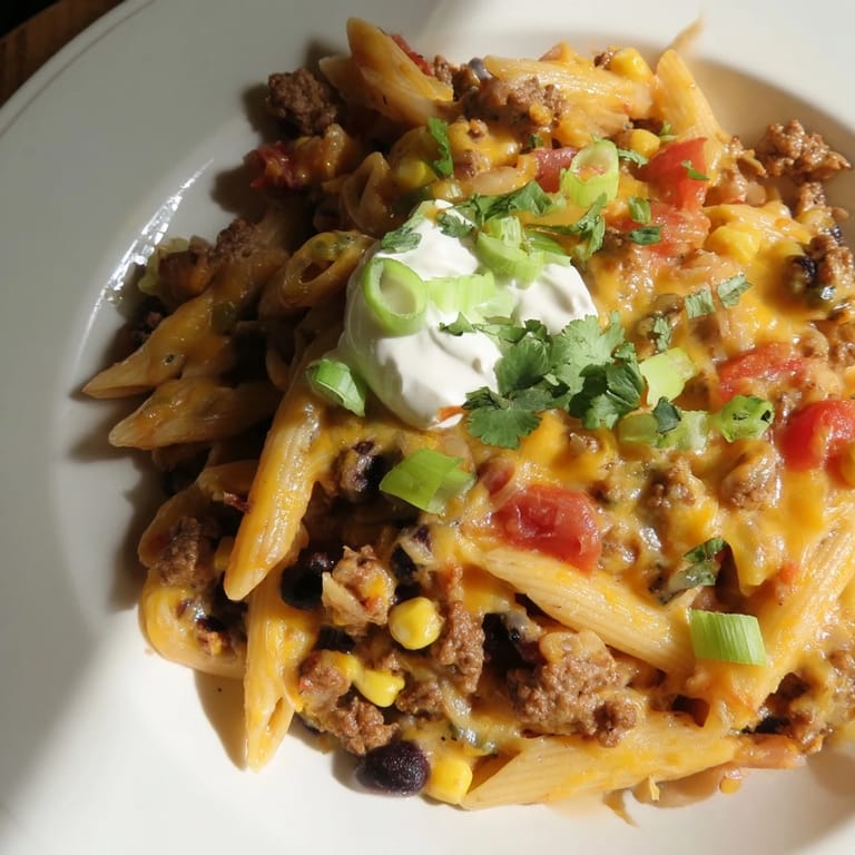 Golden cheesy goodness coats the pasta in this flavorful and easy-to-make Cheesy Taco Pasta.