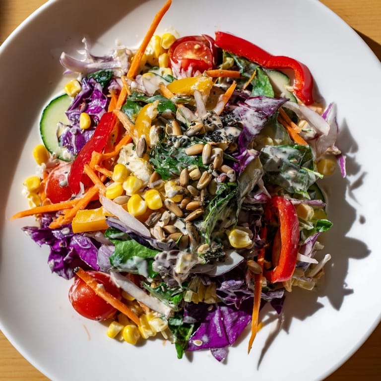 A close-up of Rainbow Salad, showcasing the textures of fresh vegetables and creamy tahini dressing.