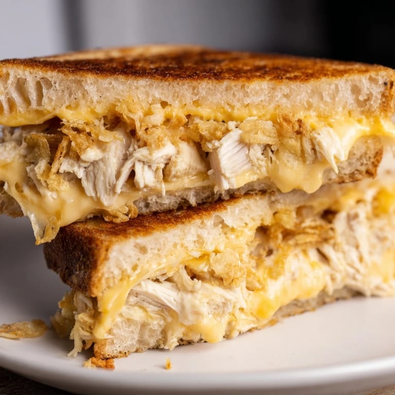 Mouthwatering close-up of a perfectly grilled Crispy Shallot Chicken Grilled Cheese, showing textures of bread and filling.