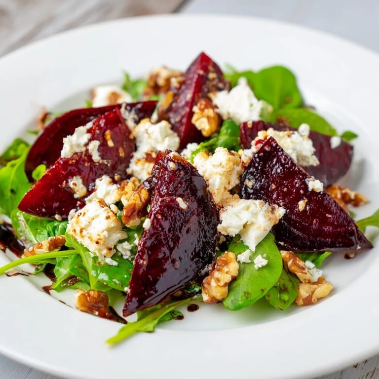 A beautiful beet and goat cheese salad, showcasing fresh greens, walnuts, and tangy balsamic dressing.