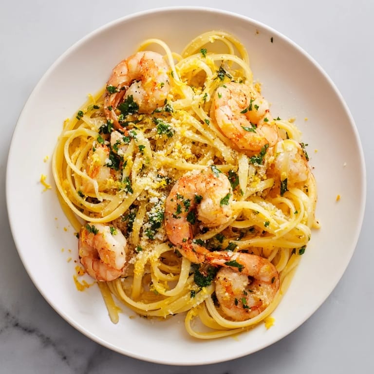 A flavorful bowl of lemon herb pasta with shrimp, showcasing tender shrimp and lemon zest.