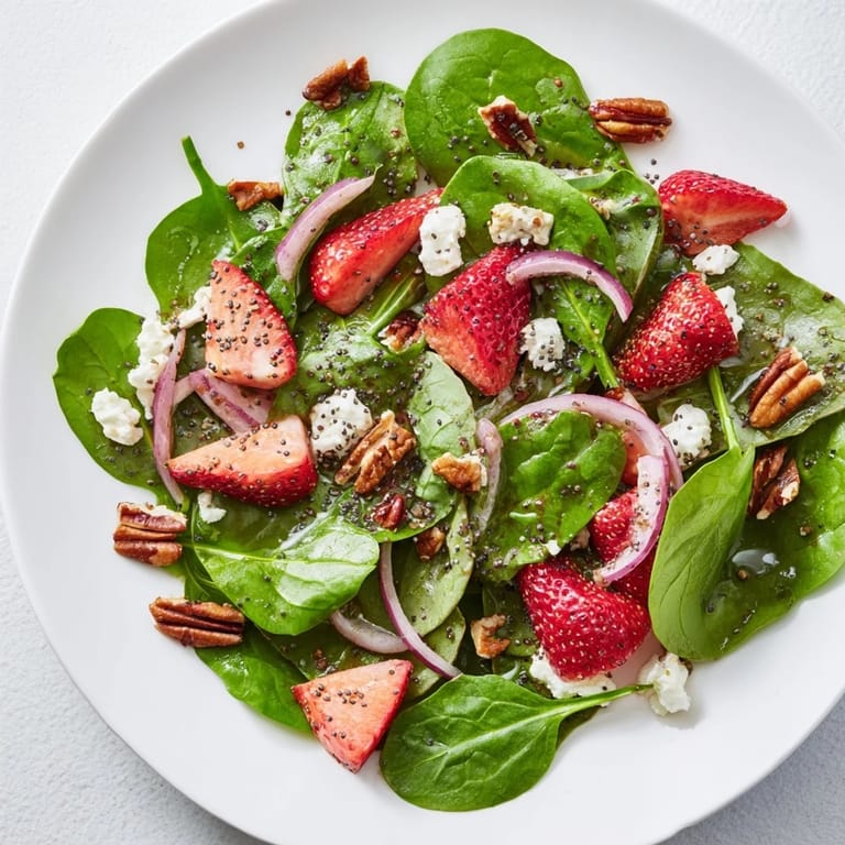 This colorful spinach strawberry salad is perfect, served fresh with a light sweet poppy seed dressing.