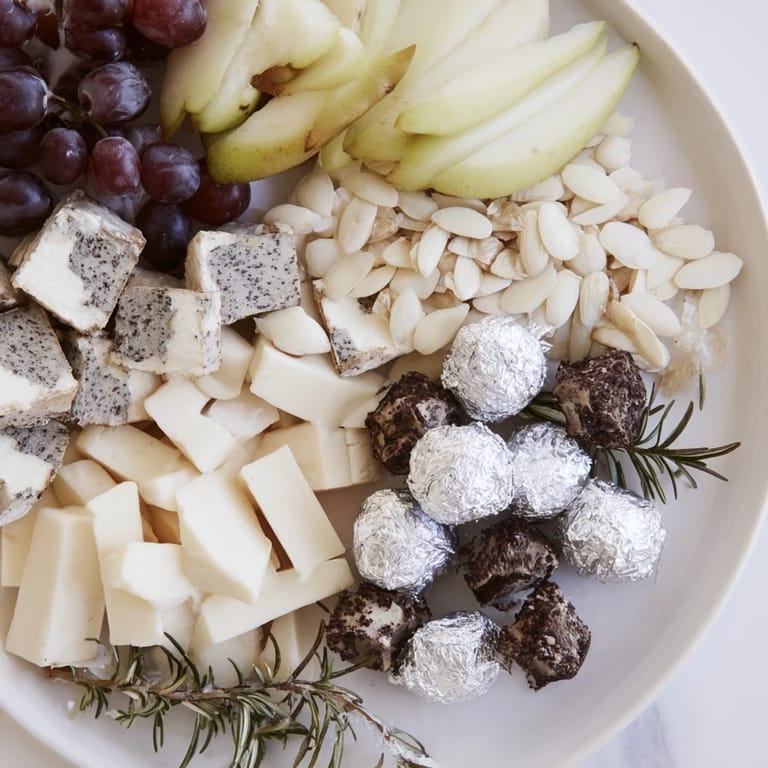 A decadent The Silver Screen cheese and chocolate board: white cheddar, silver wrapped chocolates, and fresh fruit.