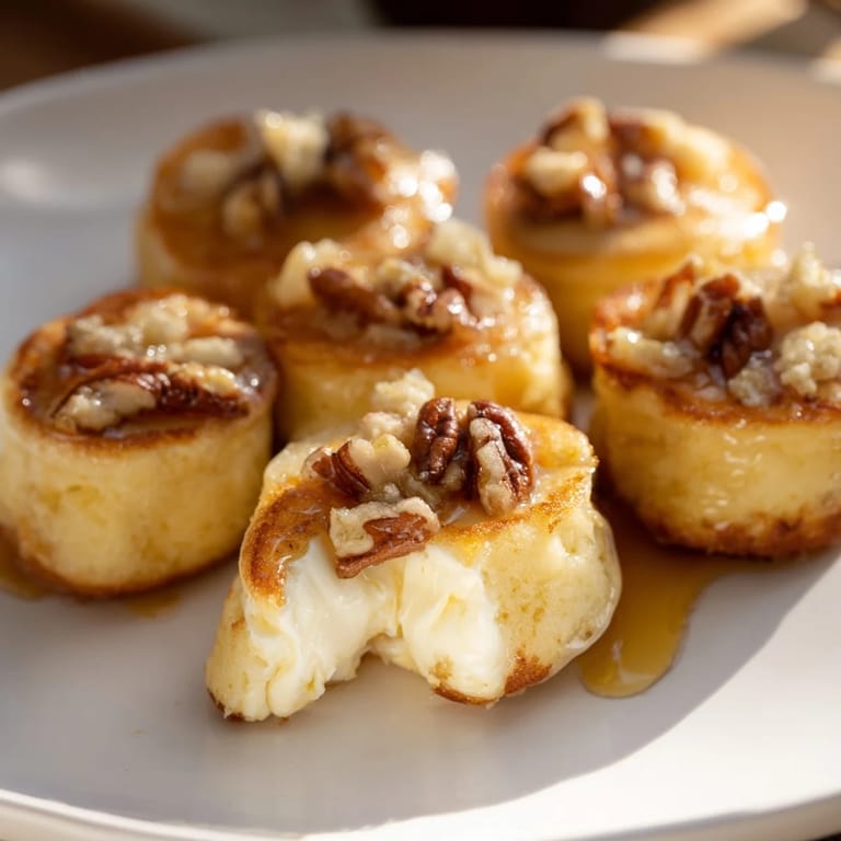 Warm, gooey brie melting within fluffy Pancake Brie Bites, a delicious and easy snack recipe.