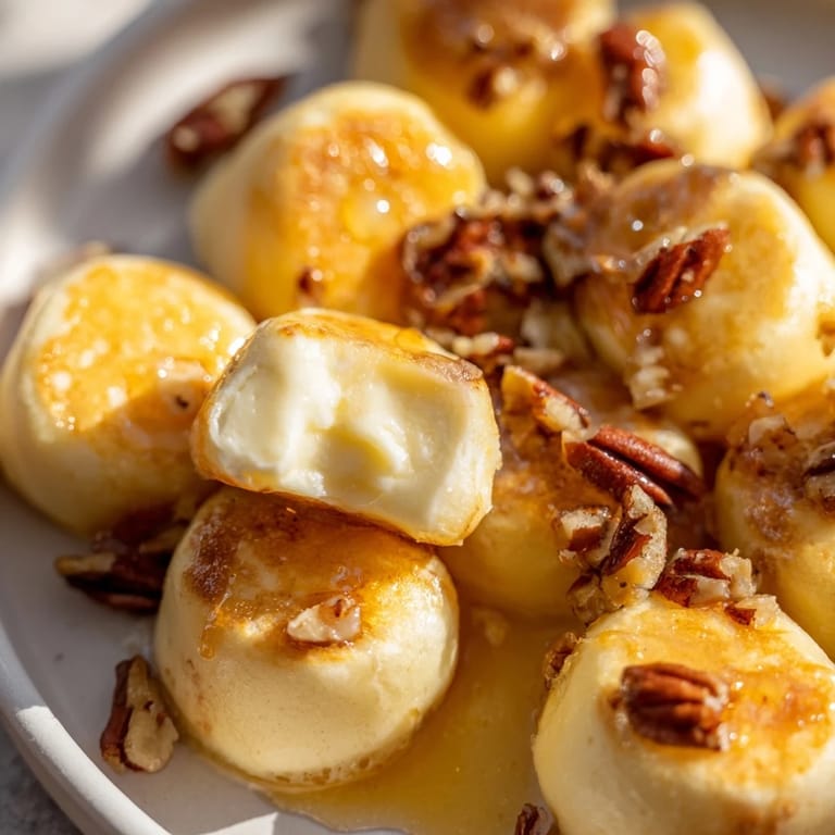 Perfectly baked Pancake Brie Bites, drizzled with honey, offering a delightful combination of flavors.