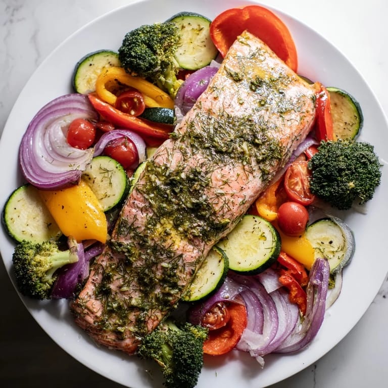 Golden-brown Salmon Sheet Pan Bake, showcasing flaky salmon beside colorful roasted bell peppers and zucchini.