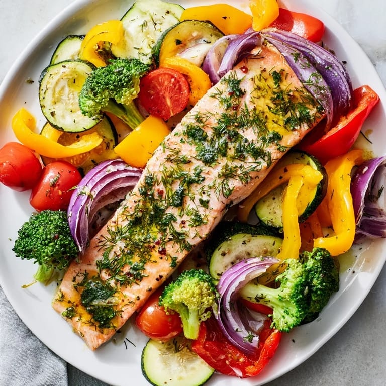 Delicious and easy Salmon Sheet Pan Bake: a vibrant, flavorful meal with fresh herbs and lemon wedges.