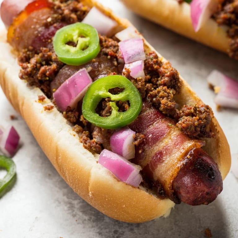 A close-up of delicious Mexican Hot Dogs, showcasing crispy bacon and jalapeños, ready for a hearty meal.