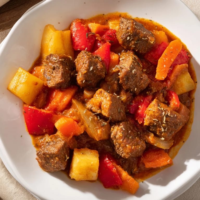 Up-close shot of a delicious Hungarian Goulash stew, showcasing the tender beef and vibrant paprika spices.