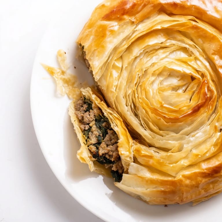 A large, freshly baked Bosnian Burek, its crispy layers promising a warm, savory Balkan meal.
