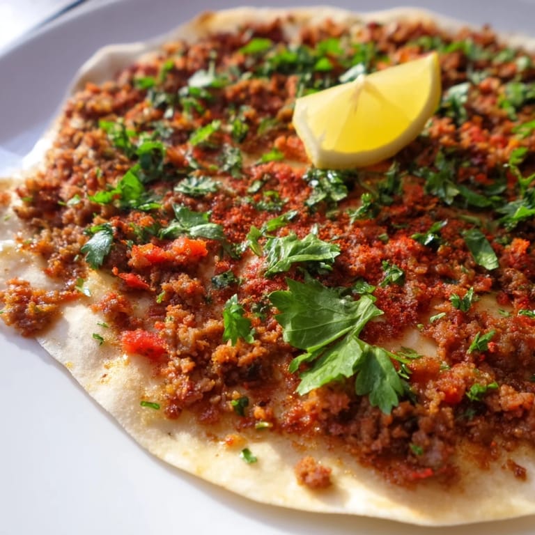 Golden brown, thin-crusted Turkish Lahmacun showcasing a vibrant meat topping; ready to serve.