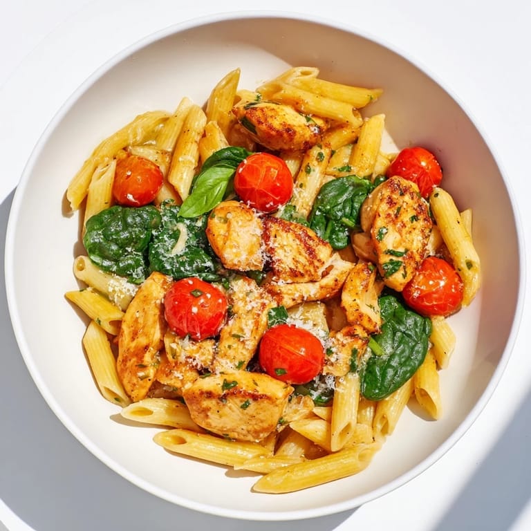 A steaming bowl of one-pan Lemon Herb Pasta Chicken, with fresh herbs and juicy cherry tomatoes.