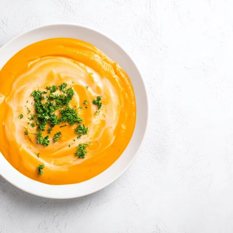 Golden-orange creamy carrot soup, a vegetarian delight, perfect for a cozy weeknight dinner.