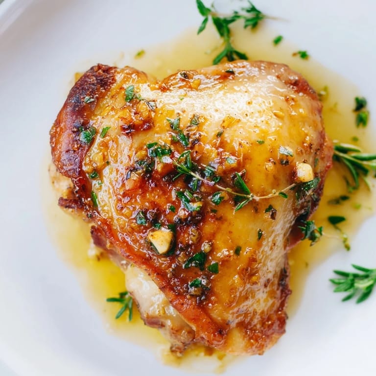 Flavorful Garlic Butter Chicken Thighs served with lemon wedges; the aroma of herbs fills the air.