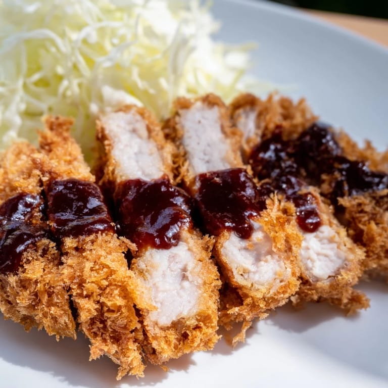 Crispy-fried Chicken Katsu, a delicious Japanese comfort food main dish, ready to be sliced and enjoyed.