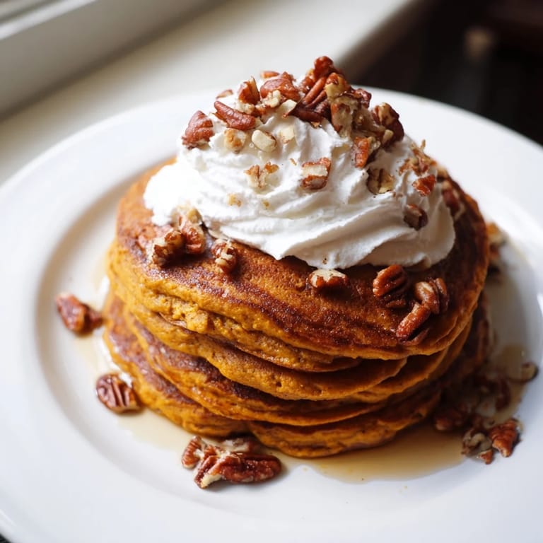 Fluffy Pumpkin Spice Pancakes bubbling on a hot griddle, ready to be flipped and enjoyed.