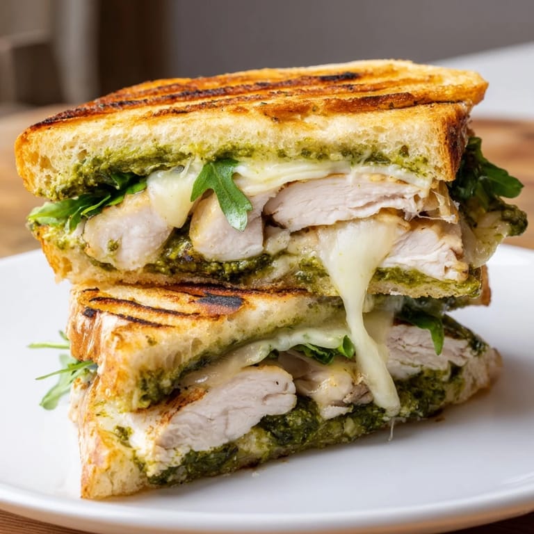 Sizzling Chicken Pesto Panini on a grill pan, with warm ciabatta and melted mozzarella.