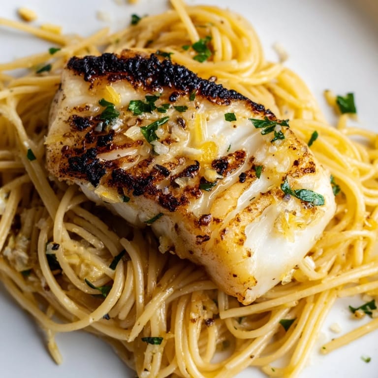 Close-up of flaky sea bass on a bed of zesty lemon pasta, with melted Parmesan and garlic-infused butter sauce.