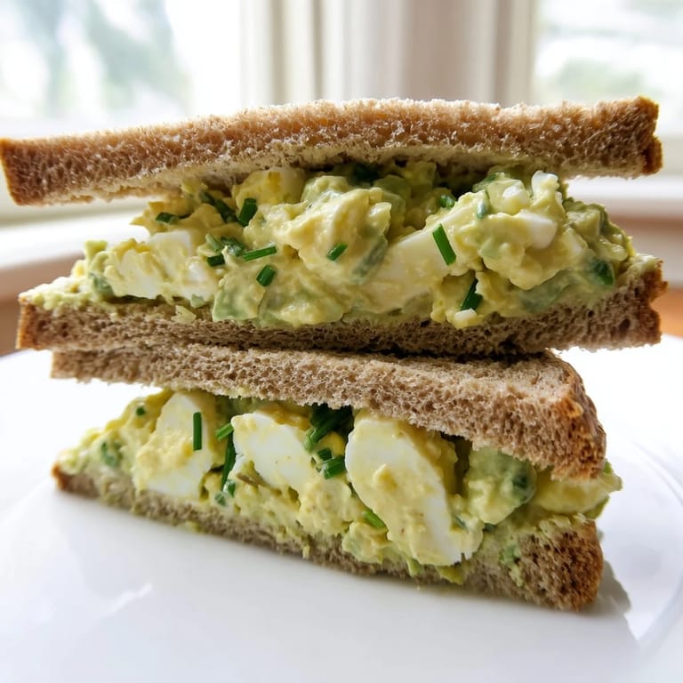 An open-faced avocado egg salad sandwich on whole grain bread, garnished with fresh herbs and a sprinkle of black pepper.