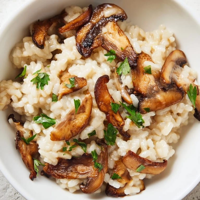 Overhead view of golden roasted mushrooms folded into creamy Roasted Mushroom Risotto, with a glass of white wine beside the skillet for a perfect pairing.