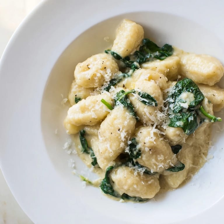 Steaming Creamy Garlic Gnocchi tossed with fresh spinach and topped with grated Parmesan for a comforting meal.