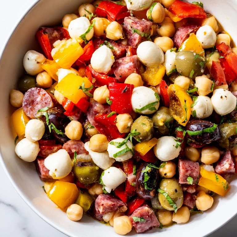 Colorful diced vegetables and olives in Crunchy Antipasto Chopped Salad served fresh in a rustic white bowl.  