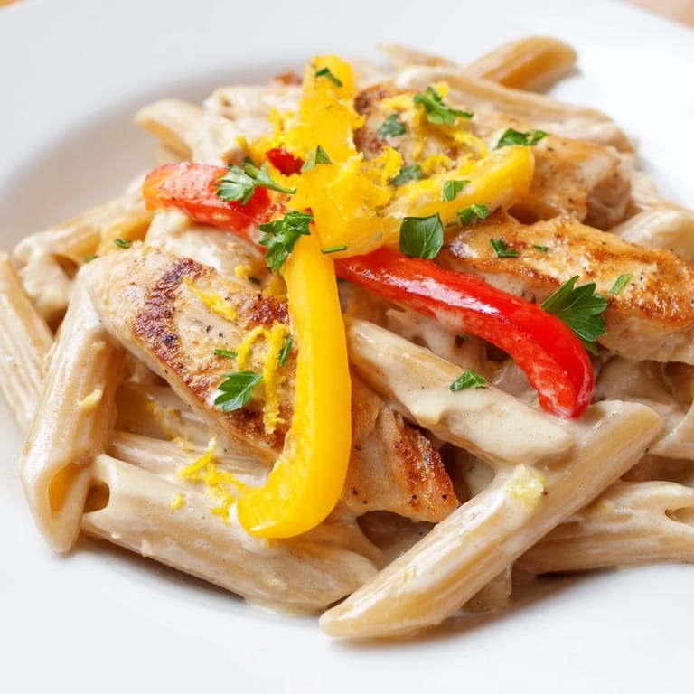Hearty whole wheat penne coated in a creamy Cajun sauce with tender chicken strips and sautéed onions and peppers.  