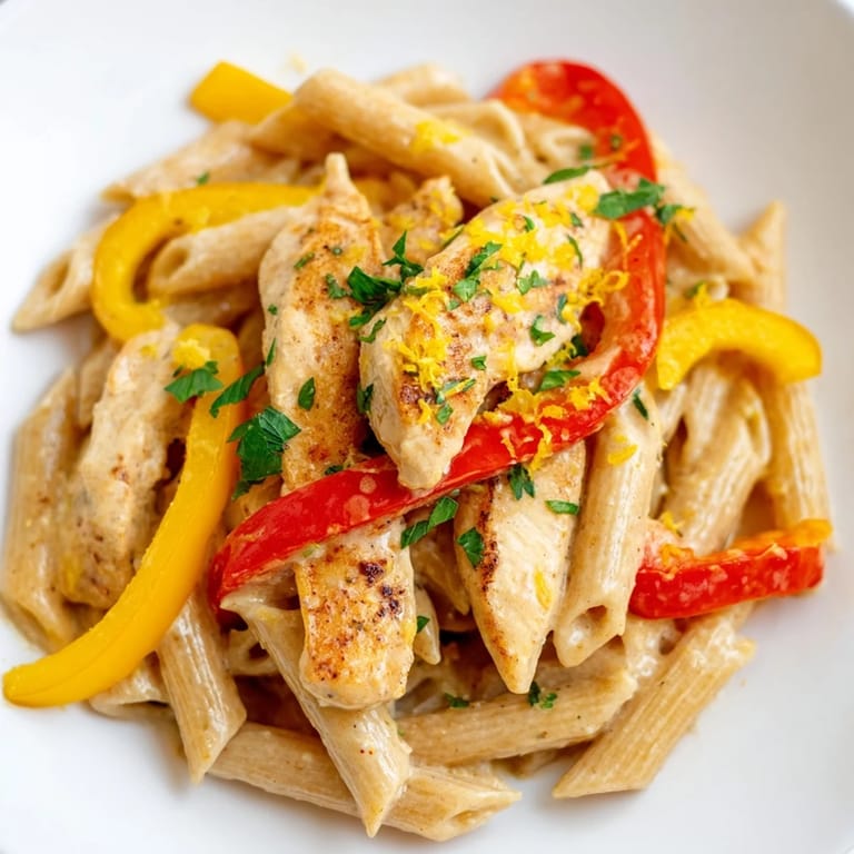 A lower-calorie Cajun chicken pasta with vibrant red and yellow peppers, freshly grated Parmesan, and a bright lemon garnish.