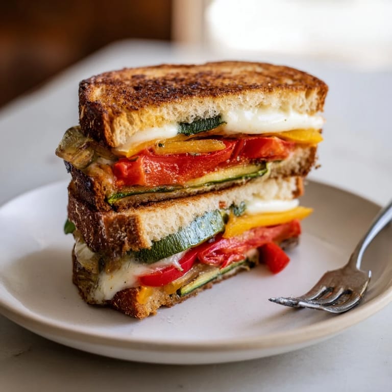 Served hot on a wooden board, this Roasted Veggie Caprese Grilled Cheese pairs with a drizzle of balsamic glaze and a simple green salad.