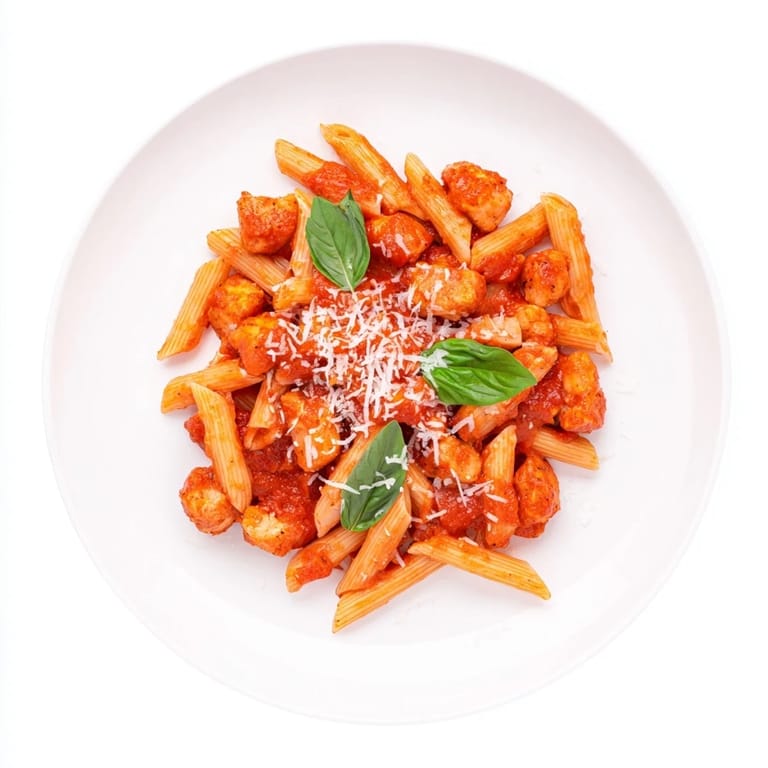 Hearty tomato basil chicken pasta served steaming in a shallow white bowl, with a drizzle of olive oil and melted cheese on top.