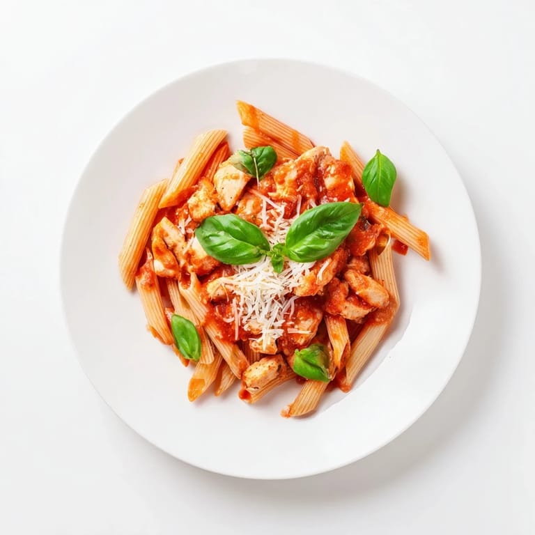 Close-up view of tender chicken and short pasta coated in vibrant red sauce, flecked with fresh green basil leaves for a family-style dinner.