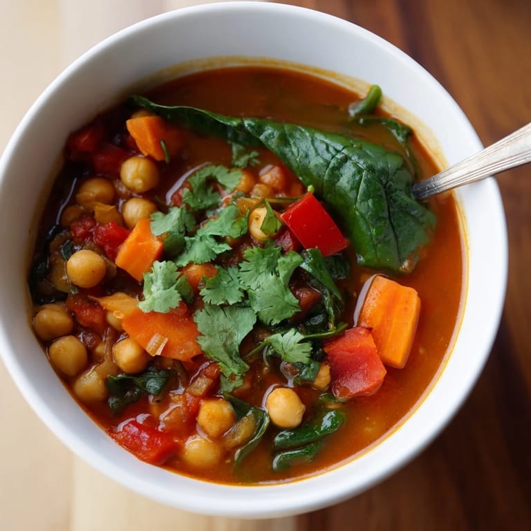 A spoonful of plant-based Spicy Chickpea Stew shows tender chickpeas in a rich, tomato-based broth.