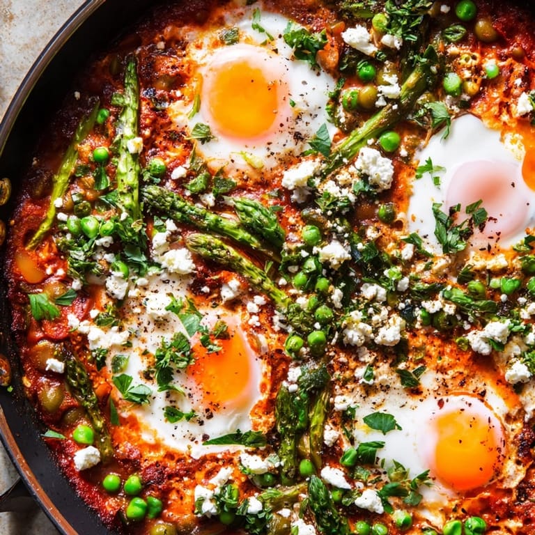Close-up of Pea and Broad Bean Shakshuka with softly poached eggs and fresh herbs on top.
