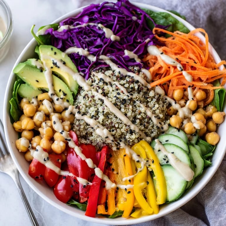 Healthy Rainbow Buddha Bowl With Quinoa served with chickpeas and a lemon tahini drizzle.
