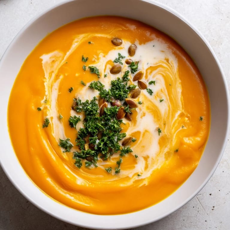 A close-up shows velvety Butternut Squash Soup in a mug, topped with fresh parsley and a spoon nearby.