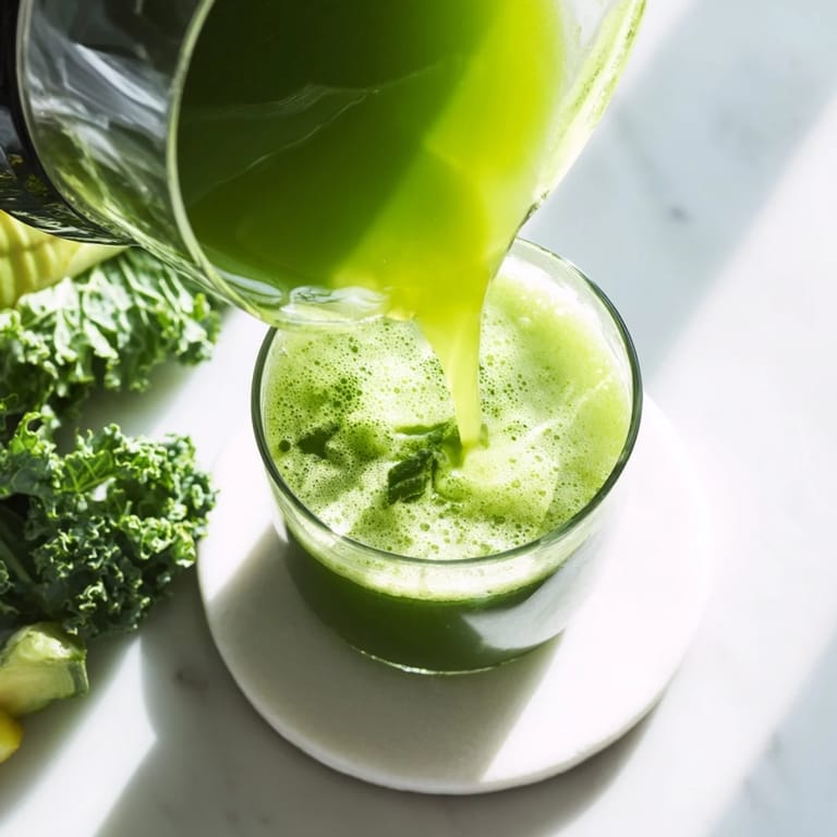 A blender making Cabbage and Kale Detox Juice, with chopped cabbage, kale, and green apple nearby on the counter.