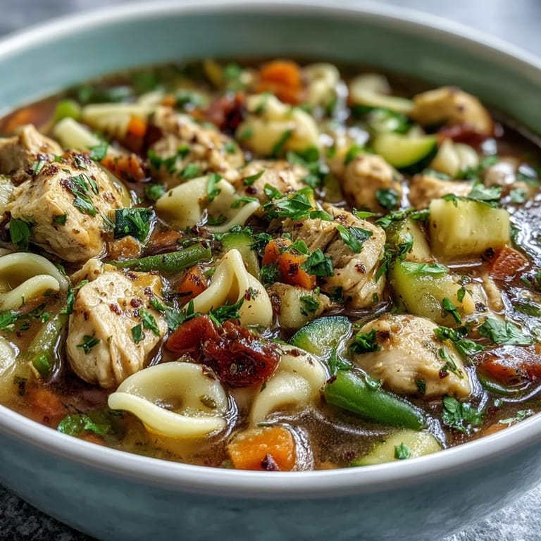 Comforting chicken vegetable pasta soup, a perfect cozy meal for any night.