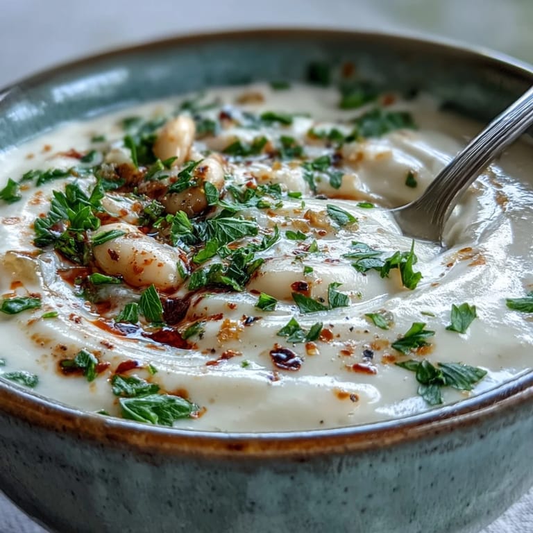 Savor a bowl of easy white bean and Parmesan soup, topped with fresh parsley.