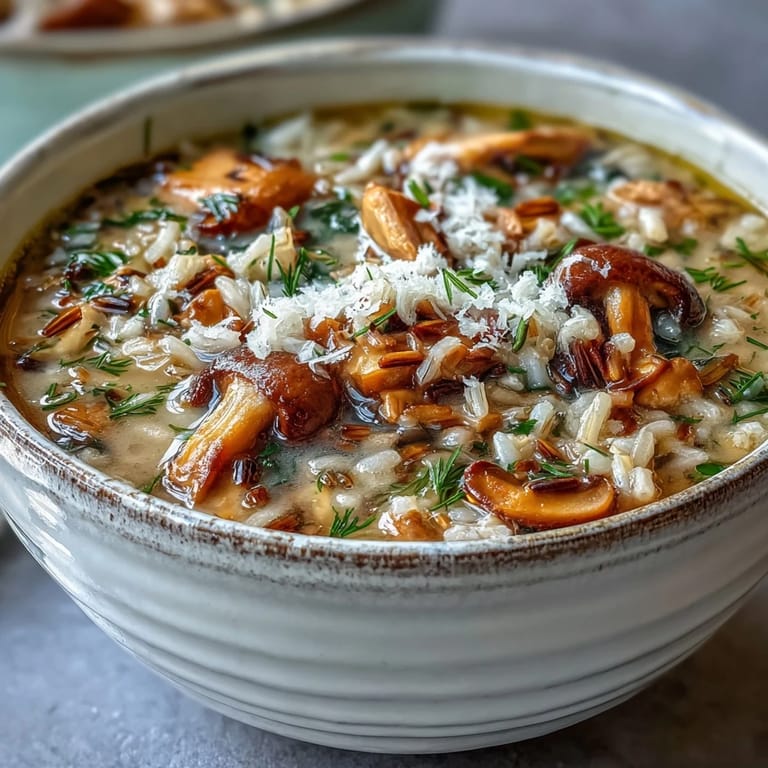 A thick Parmesan chicken mushroom wild rice soup, perfect for comfort.