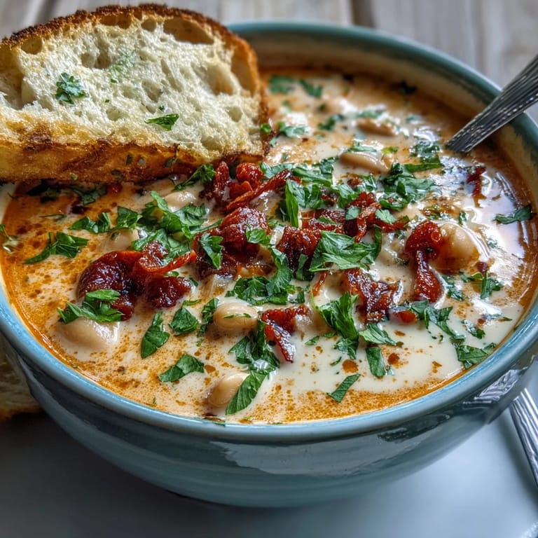 Velvety white bean soup with tomato, showing fragrant herbs and comforting steam rising.