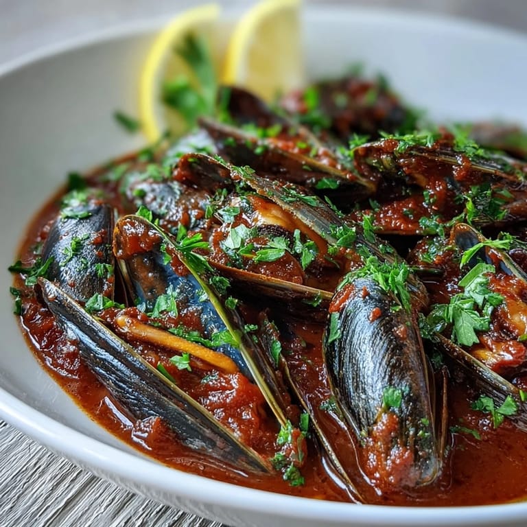 Sizzling Smoky Mussels Pomodoro simmering in a Dutch oven with garlic, onion, and white wine.