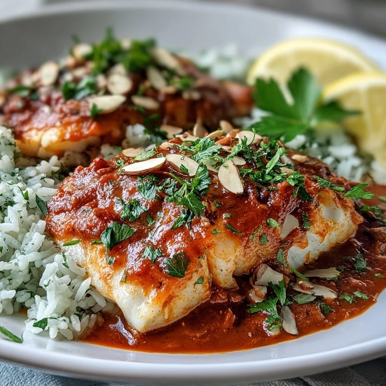 Sizzling cod fillets roasted in a zesty tomato sauce with toasted almonds, served alongside aromatic ginger rice for a flavorful, gluten-free main dish.