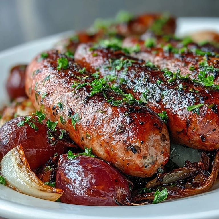 Savory-sweet roasted sausage and grapes plated for dinner, spooning juicy grapes and onions over sausages to soak up the pan juices.