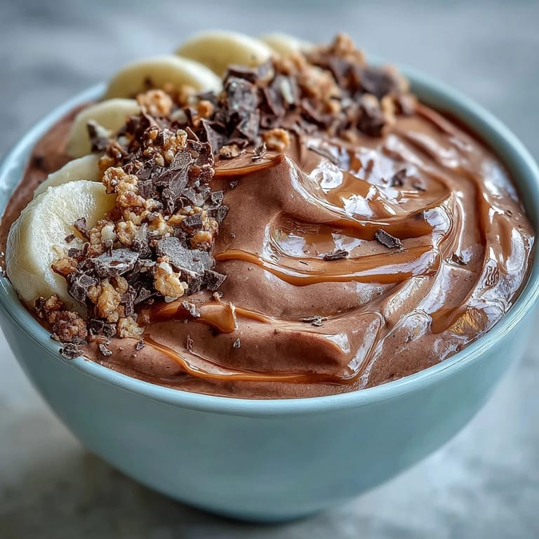 Healthy chocolate peanut butter smoothie bowl garnished with fresh bananas, dark chocolate shavings, and granola for added texture.