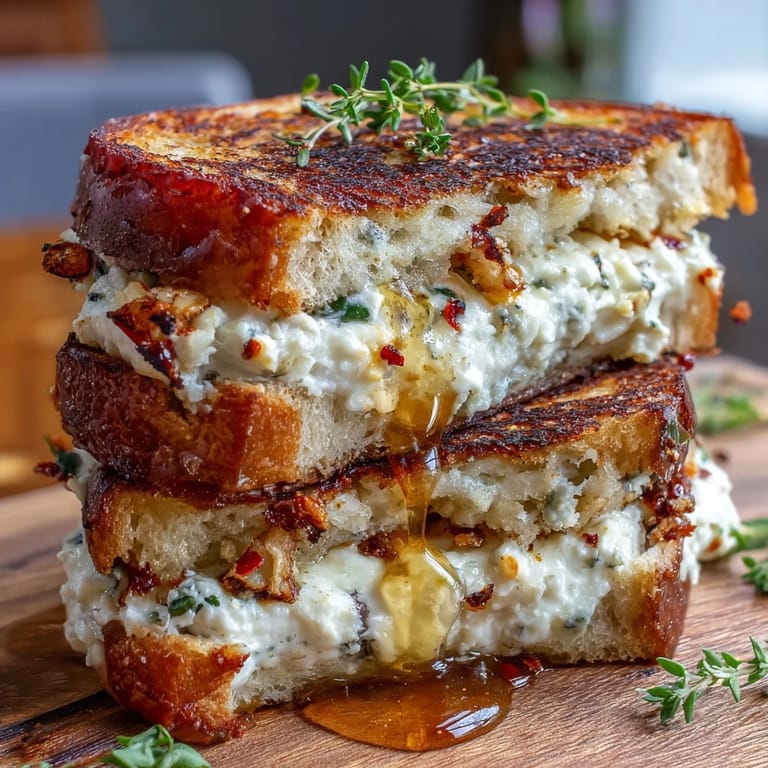 Two halves of a warm goat cheese grilled cheese sandwich stacked on a plate, featuring honey drizzle and fresh herbs.