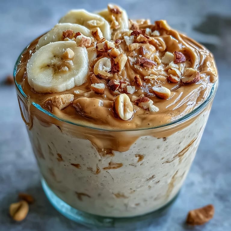Close-up of High-Protein Peanut Butter Overnight Oats topped with sliced strawberries, a peanut butter drizzle, and toasted peanuts for added crunch.