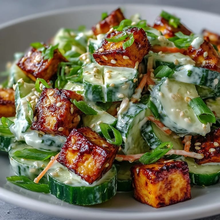 A beautiful bowl of Creamy Asian Cucumber Salad with Crispy Tofu featuring cool crunchy vegetables, creamy dressing, and protein-packed golden tofu cubes.