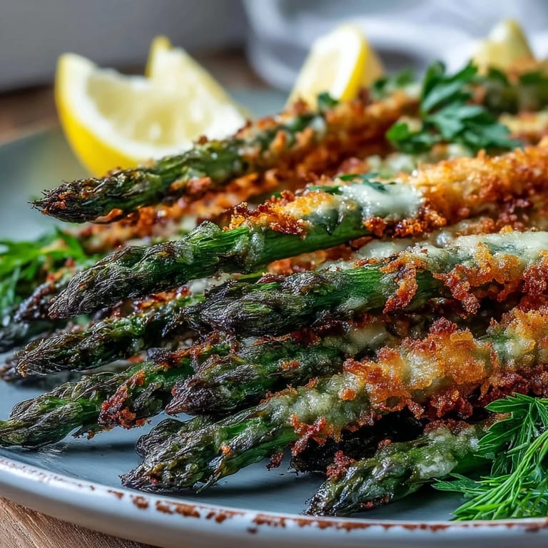 Close-up of Crispy Asparagus Asiago Spears, crunchy texture, tender inside, served hot with lemon and dip.