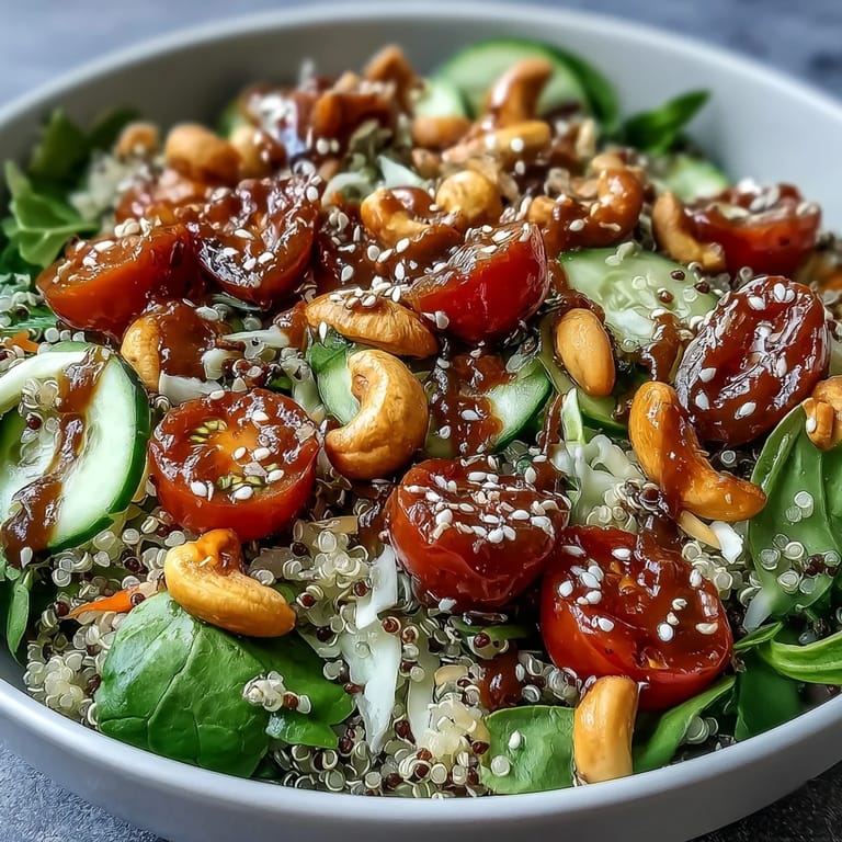 Glossy quinoa and bright vegetables fill a fresh Rainbow Salad Bowl with zesty dressing.